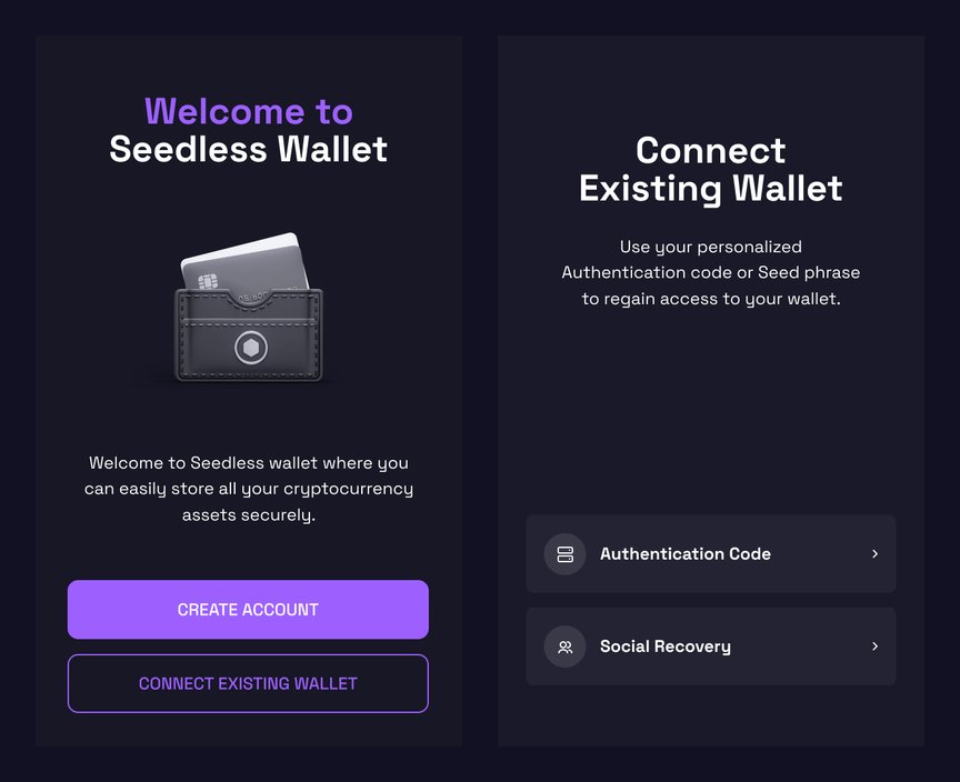 Seedless Wallet — Onboarding and Social Recovery screens